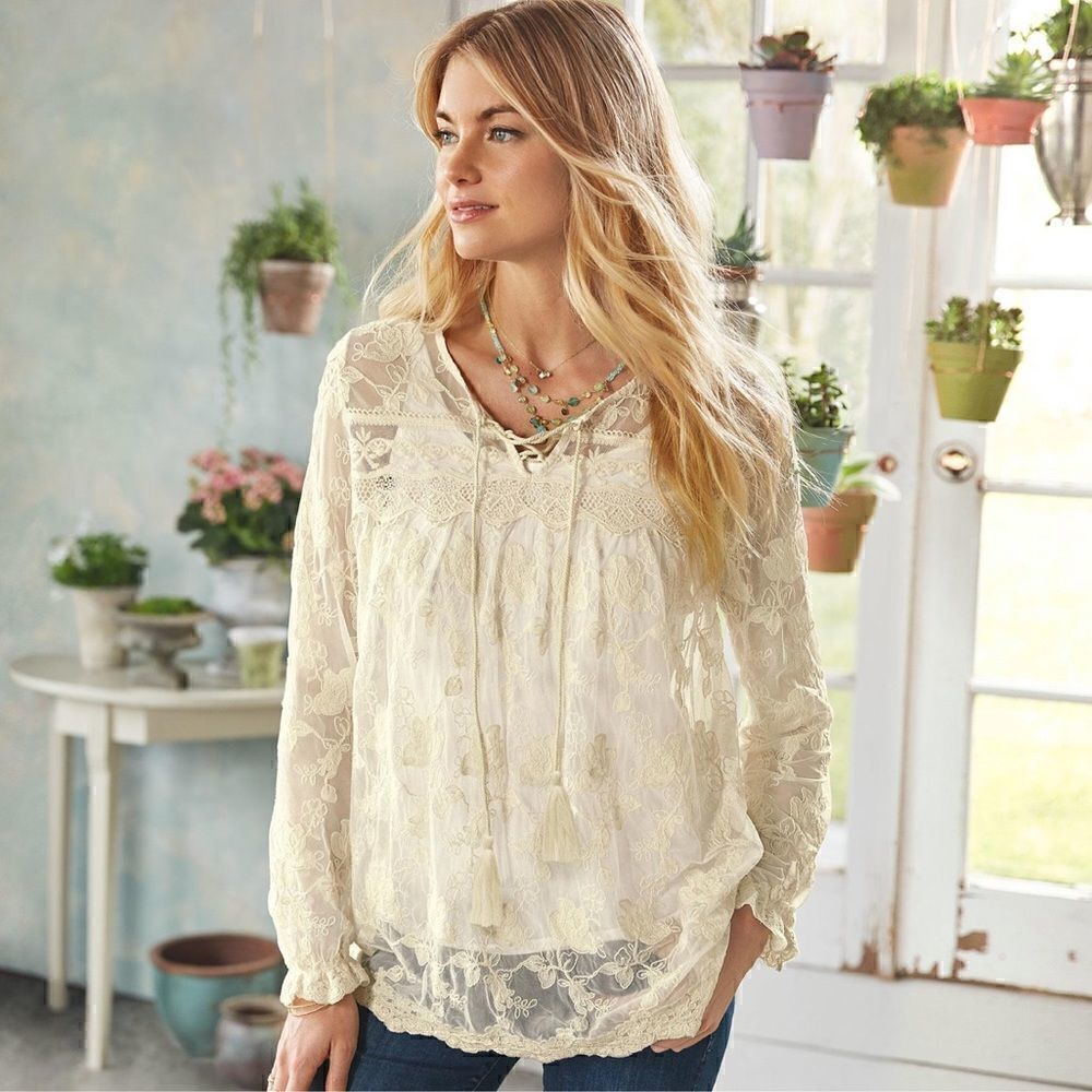 Sundance | Lace Arienne Embroidered Long Sleeve Blouse Tunic | S